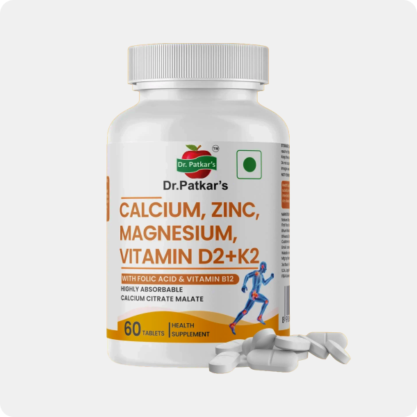 Dr. Patkar's Calcium Citrate Malate, Zinc, Magnesium, Vitamin D2 + K2 MK7 with Folic Acid & Vitamin B12 60 Tablets