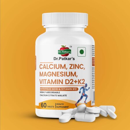 Dr. Patkar's Calcium Citrate Malate, Zinc, Magnesium, Vitamin D2 + K2 MK7 with Folic Acid & Vitamin B12 Tablets – Strong Bones, Immunity & Energy Support – 100% Vegetarian Supplement - 60 Tablets